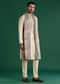 Beige Silk Kurta Set For Men With Thread Work And Floral Dupatta