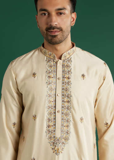 Beige Silk Kurta Set For Men With Thread Work And Floral Dupatta
