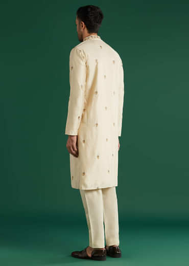 Beige Silk Kurta Set For Men With Thread Work And Floral Dupatta