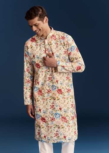 Beige Silk Kurta Set With Floral Embroidery