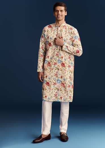 Beige Silk Kurta Set With Floral Embroidery