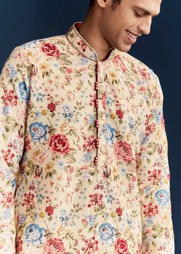 Beige Silk Kurta Set With Floral Embroidery