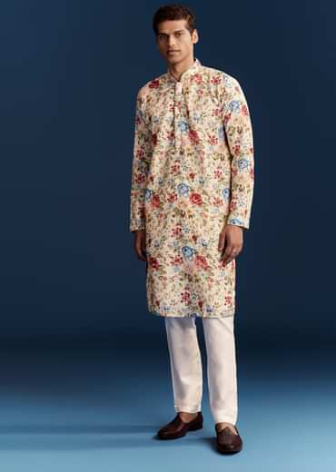 Beige Silk Kurta Set With Floral Embroidery
