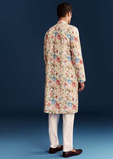 Beige Silk Kurta Set With Floral Embroidery