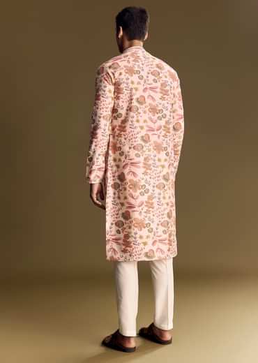 Beige Silk Kurta Set With Floral Foil Accents And Stone Detailing