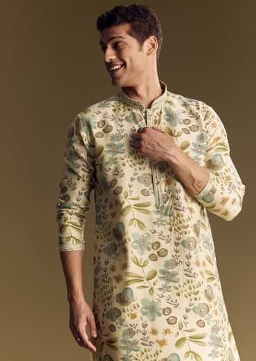 Beige Silk Kurta Set With Foil Enhanced Floral Print