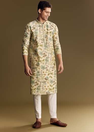 Beige Silk Kurta Set With Foil Enhanced Floral Print