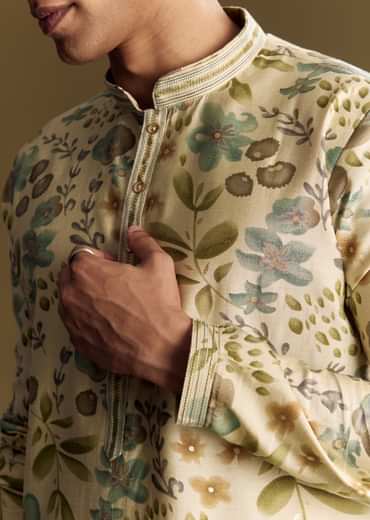 Beige Silk Kurta Set With Foil Enhanced Floral Print
