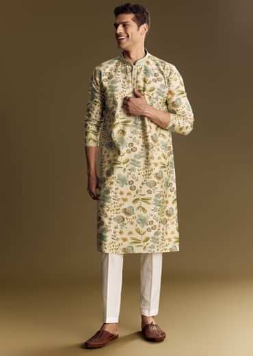 Beige Silk Kurta Set With Foil Enhanced Floral Print