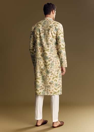 Beige Silk Kurta Set With Foil Enhanced Floral Print