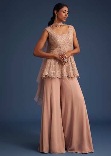 Beige Silk Kurta Set With Georgette Palazzo