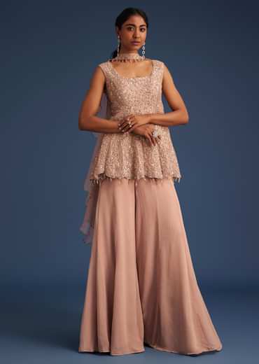 Beige Silk Kurta Set With Georgette Palazzo