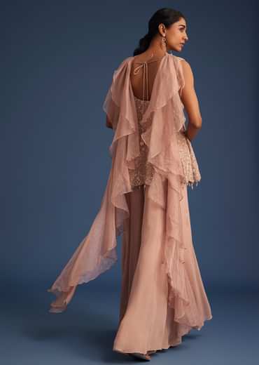 Beige Silk Kurta Set With Georgette Palazzo