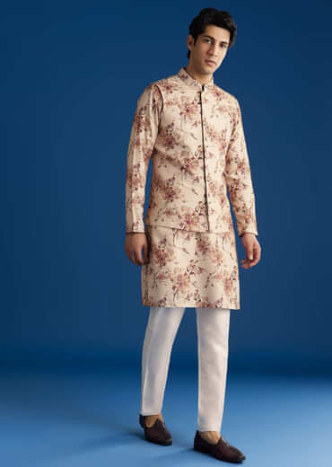 Beige Silk Pashmina Threadwork Kurta Jacket Set With Sequins