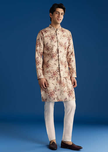 Beige Silk Pashmina Threadwork Kurta Jacket Set With Sequins