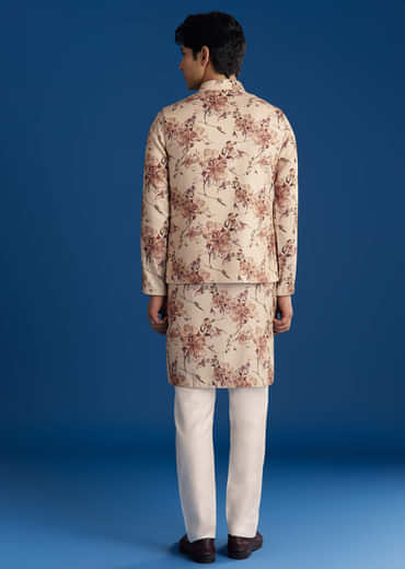 Beige Silk Pashmina Threadwork Kurta Jacket Set With Sequins