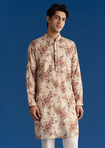 Beige Silk Pashmina Threadwork Kurta Jacket Set With Sequins