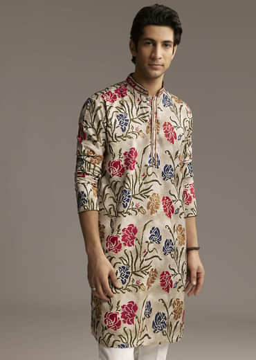 Beige Silk Printed Designer Kurta For Men With Floral Print