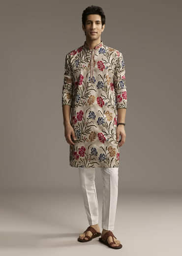 Beige Silk Printed Designer Kurta For Men With Floral Print