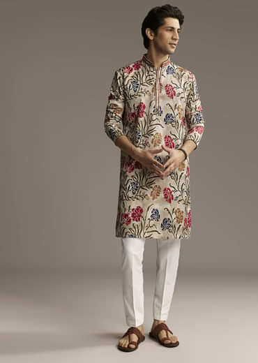 Beige Silk Printed Designer Kurta For Men With Floral Print