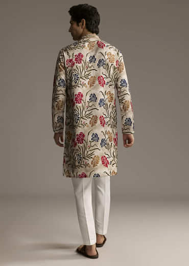 Beige Silk Printed Designer Kurta For Men With Floral Print