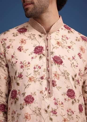 Beige Linen Printed Kurta Set With Floral Motifs