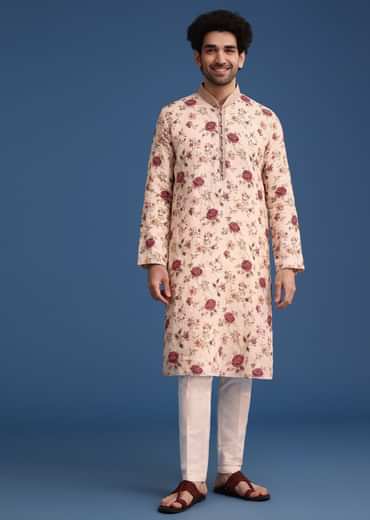 Beige Linen Printed Kurta Set With Floral Motifs