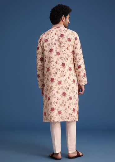 Beige Linen Printed Kurta Set With Floral Motifs