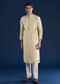 Beige Straight Kurta and Pant Set in Jacquard
