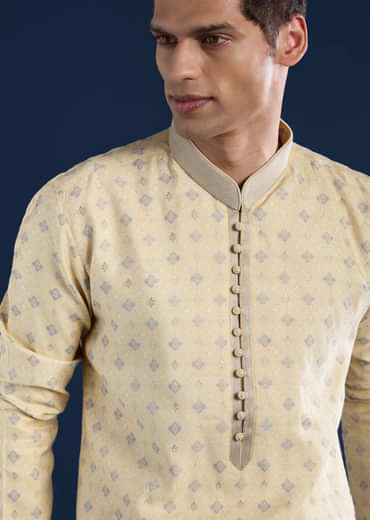 Beige Straight Kurta and Pant Set in Jacquard