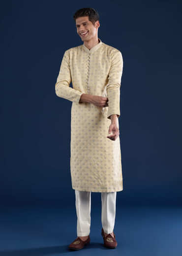 Beige Straight Kurta and Pant Set in Jacquard