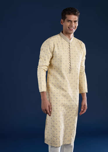 Beige Straight Kurta and Pant Set in Jacquard