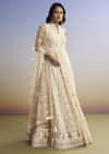 Beige Threadwork Anarkali With Dupatta