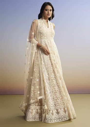 Beige Threadwork Anarkali With Dupatta