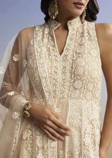 Beige Threadwork Anarkali With Dupatta