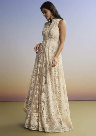 Beige Threadwork Anarkali With Dupatta