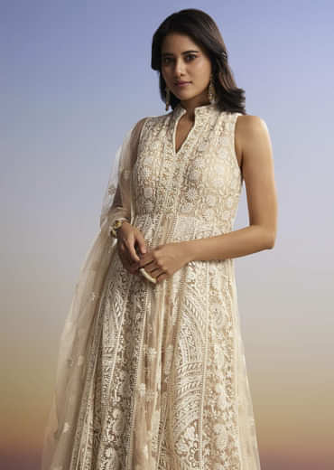 Beige Threadwork Anarkali With Dupatta