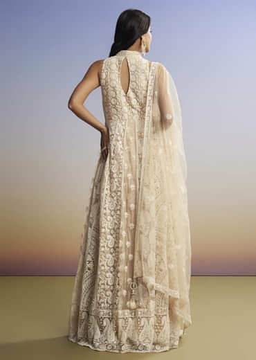Beige Threadwork Anarkali With Dupatta