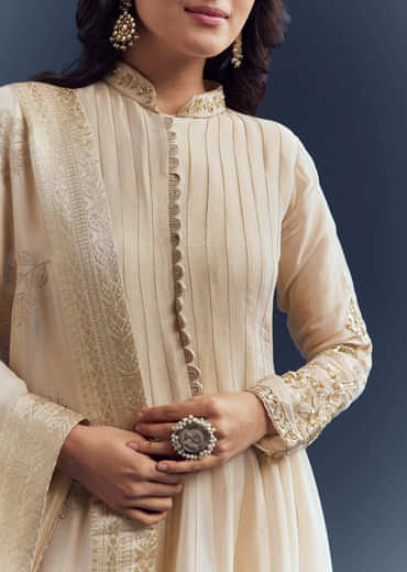 Beige Tissue Anarkali Suit With Delicate Zari Embroidery