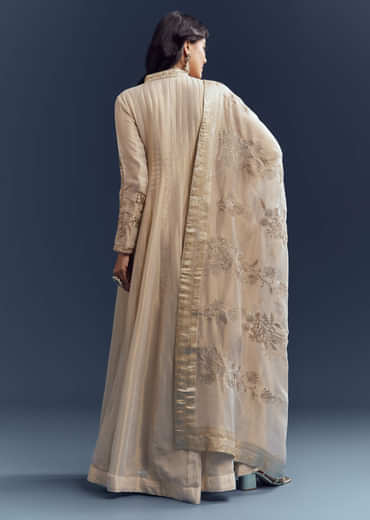 Beige Tissue Anarkali Suit With Delicate Zari Embroidery
