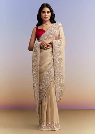 Beige Tissue Jacquard Saree With Heavy Hand Work