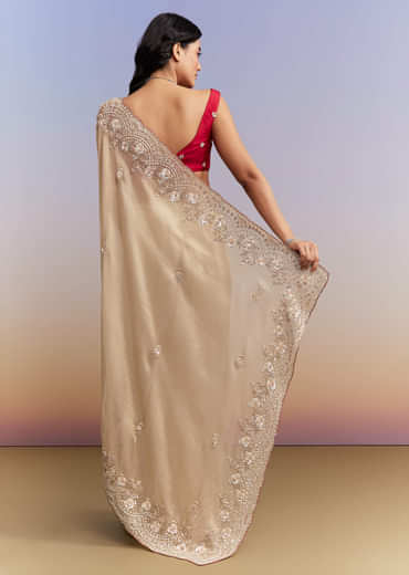 Beige Tissue Jacquard Saree With Heavy Hand Work