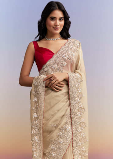 Beige Tissue Jacquard Saree With Heavy Hand Work