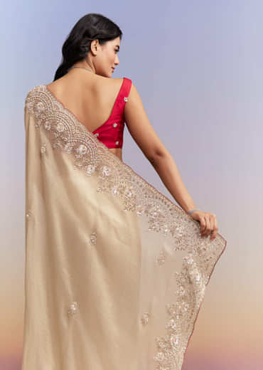 Beige Tissue Jacquard Saree With Heavy Hand Work