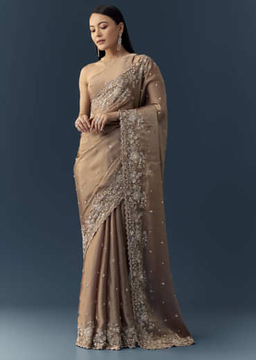 Beige Tissue Organza Cutdana Work Saree with Unstitched Blouse