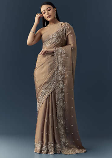 Beige Tissue Organza Cutdana Work Saree with Unstitched Blouse