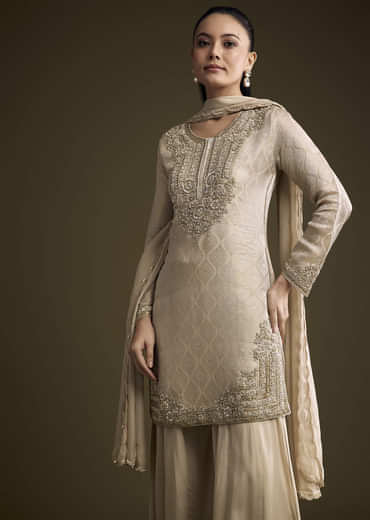 Beige Tissue Palazzo Suit With Banarasi Weave And Sequins Embroidery