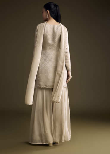 Beige Tissue Palazzo Suit With Banarasi Weave And Sequins Embroidery