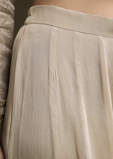 Beige Tissue Palazzo Suit With Banarasi Weave And Sequins Embroidery