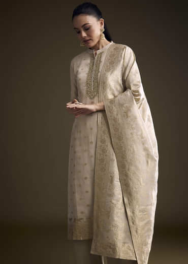 Beige Tissue Palazzo Suit With Banarasi Weave